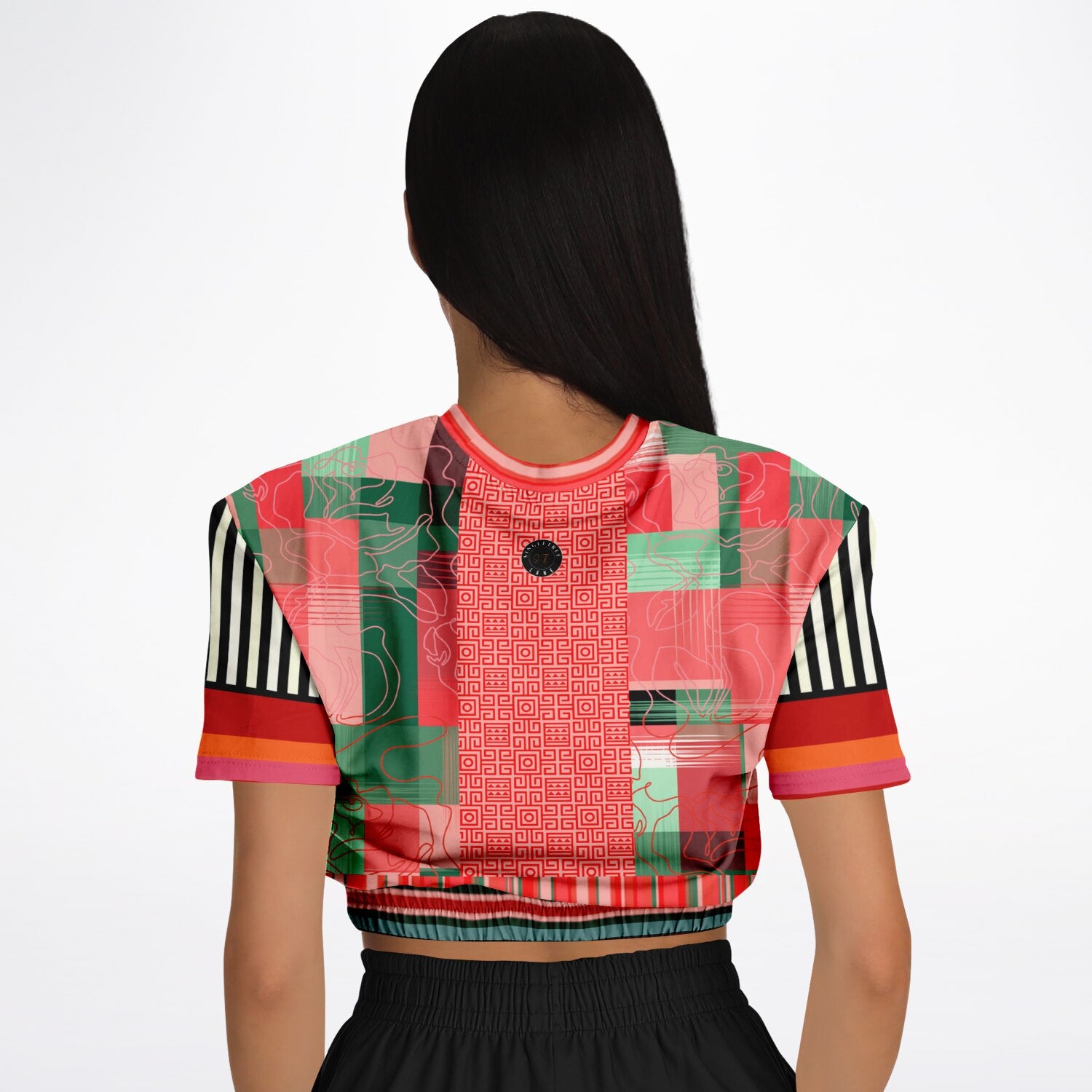 Pink Watermelon Patchwork Plaid Eco-Poly Short Sleeve Cropped Sweater