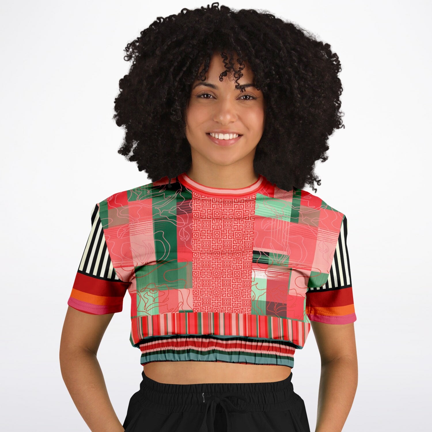 Pink Watermelon Patchwork Plaid Eco-Poly Short Sleeve Cropped Sweater