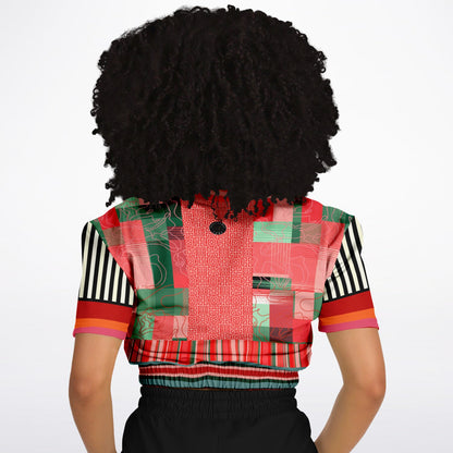 Pink Watermelon Patchwork Plaid Eco-Poly Short Sleeve Cropped Sweater