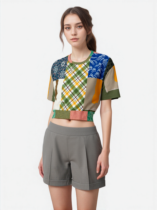 Razzamatazz Vintage Patchwork Eco-Poly Short Sleeve Cropped Pullover