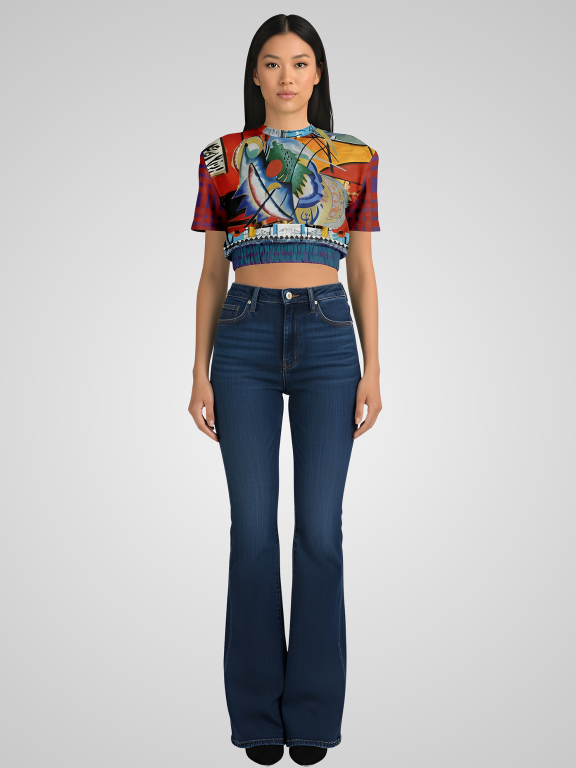 Red Oval on Gold and Denim Eco-Poly Short Sleeve Cropped Pullover