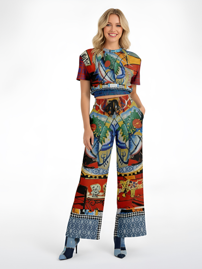 Red Oval on Gold and Denim Eco-Poly Short Sleeve Cropped Pullover