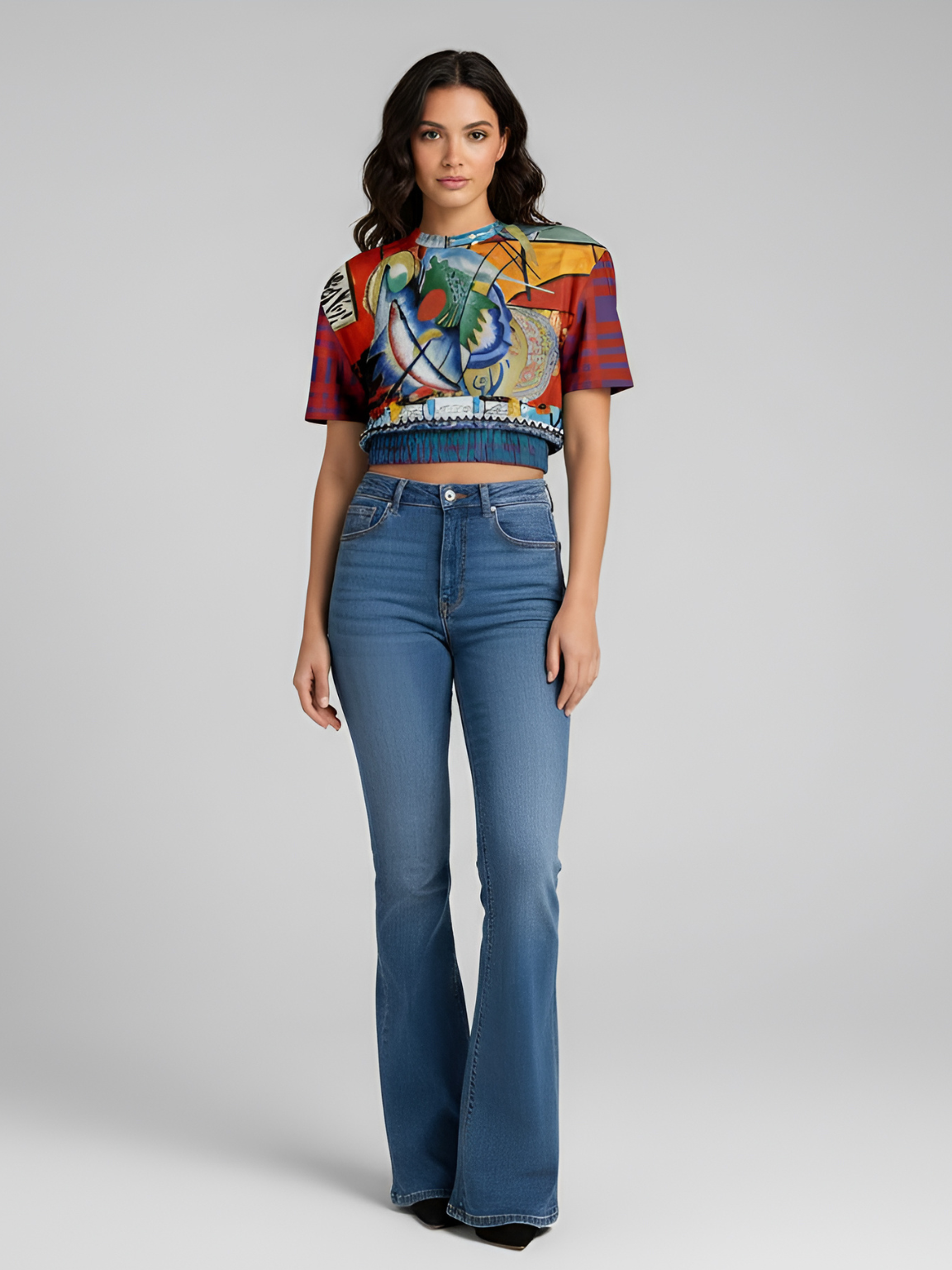 Red Oval on Gold and Denim Eco-Poly Short Sleeve Cropped Pullover