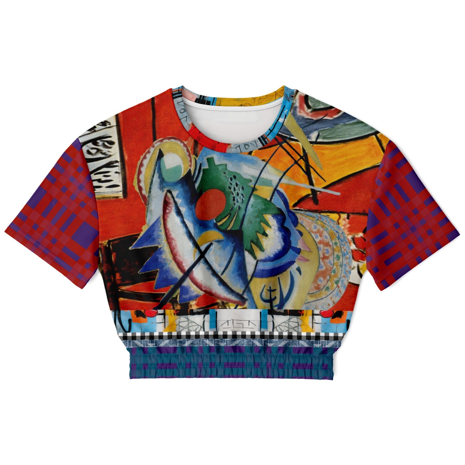 Red Oval on Gold and Denim Eco-Poly Short Sleeve Cropped Pullover