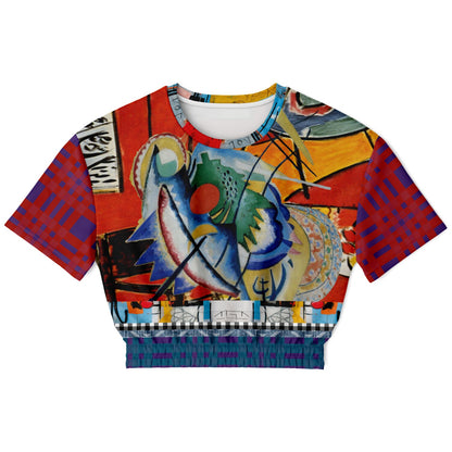 Red Oval on Gold and Denim Eco-Poly Short Sleeve Cropped Pullover