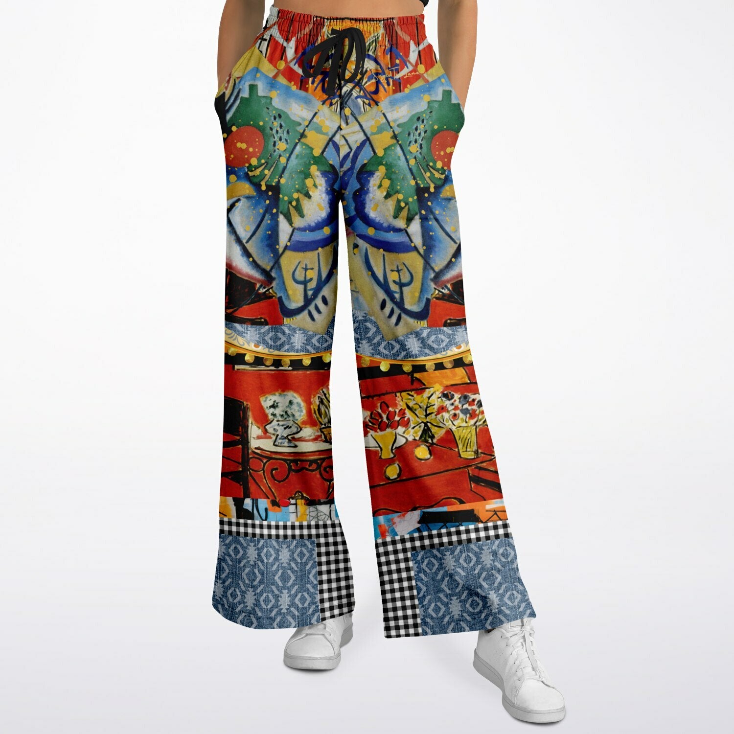 Red Oval on Gold and Denim Plate Eco-Poly Wide Leg Pants