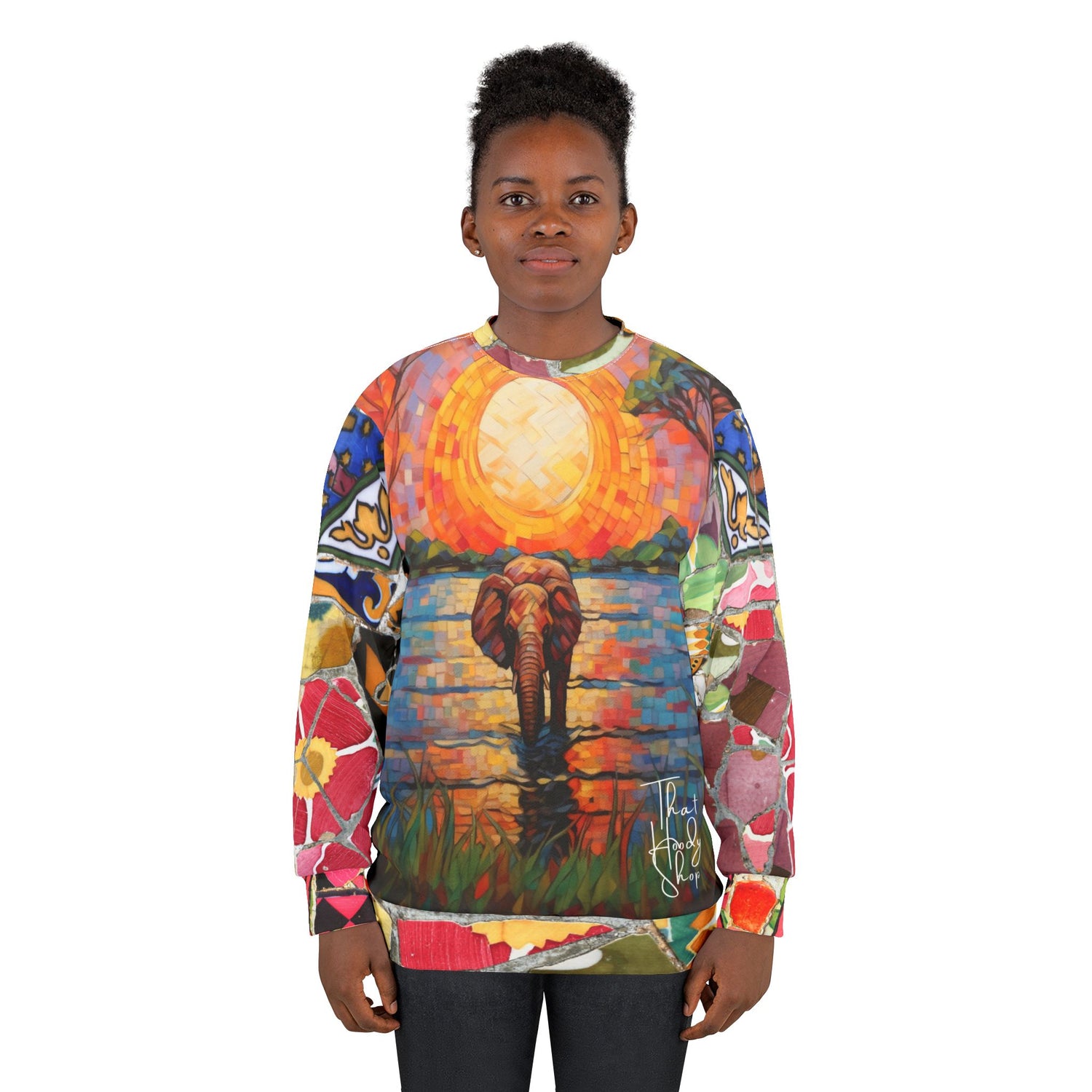 Sudadera unisex con mosaico de elefantes de sabana africana