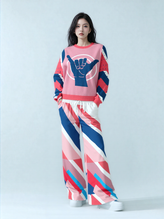 Shaka Laka Geranium Pink Abstract Geo Stripe Eco-Poly Wide Leg Pants