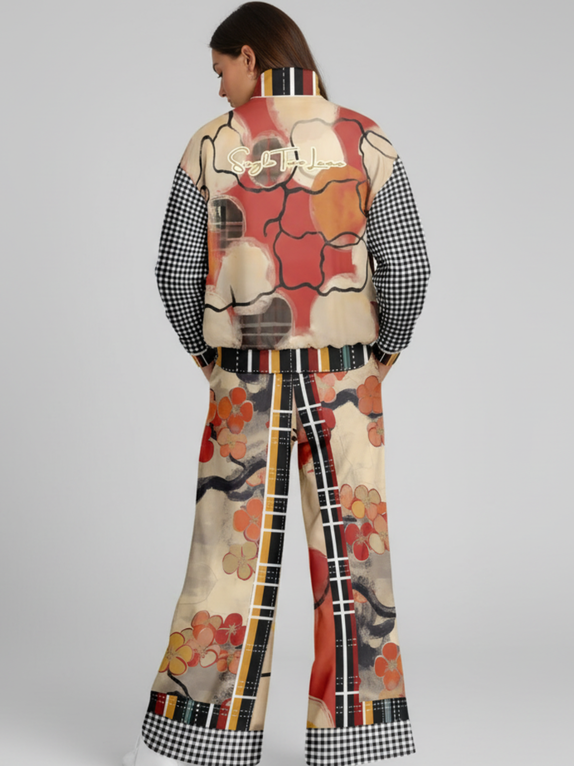Springtime in Asia in Floral Stripes Patchwork Eco-Poly Wide Leg Pants