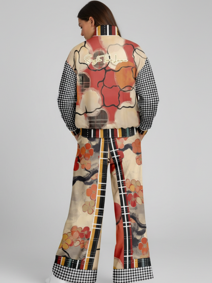 Springtime in Asia in Floral Stripes Patchwork Eco-Poly Wide Leg Pants