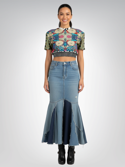 Sunflowers in My 1888 Van Gogh Plaid Floral Eco-Poly Short Sleeve Cropped Pullover