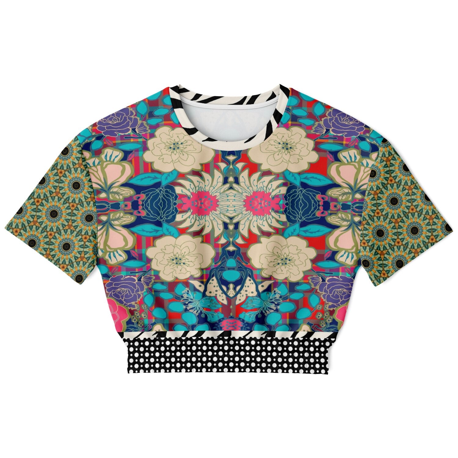 Sunflowers in My 1888 Van Gogh Plaid Floral Eco-Poly Short Sleeve Cropped Pullover