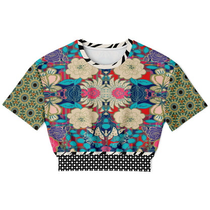 Sunflowers in My 1888 Van Gogh Plaid Floral Eco-Poly Short Sleeve Cropped Pullover