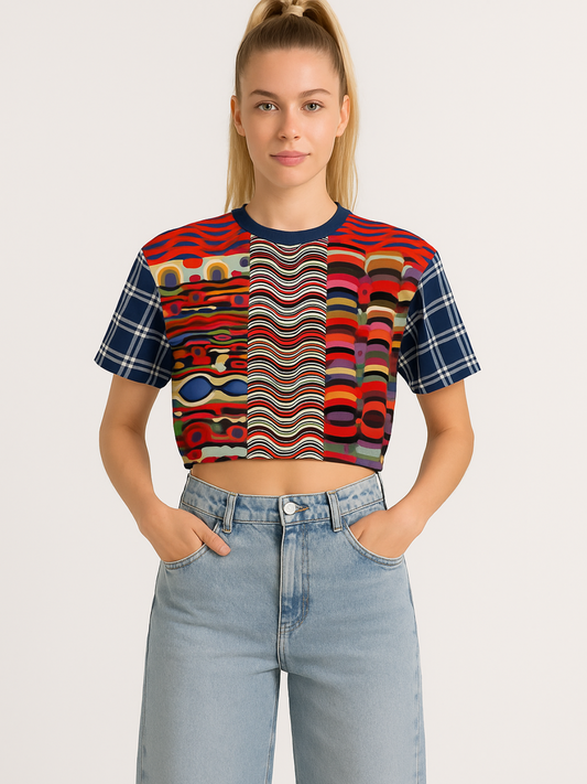 Sunset in Cassis Abstract Rainbow Stripe Eco-Poly Short Sleeve Cropped Pullover