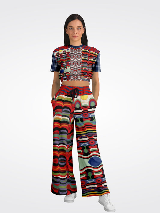 Sunset in Cassis Abstract Rainbow Stripe Eco-Poly Wide Leg Pants