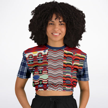 Sunset in Cassis Abstract Rainbow Stripe Eco-Poly Short Sleeve Cropped Pullover