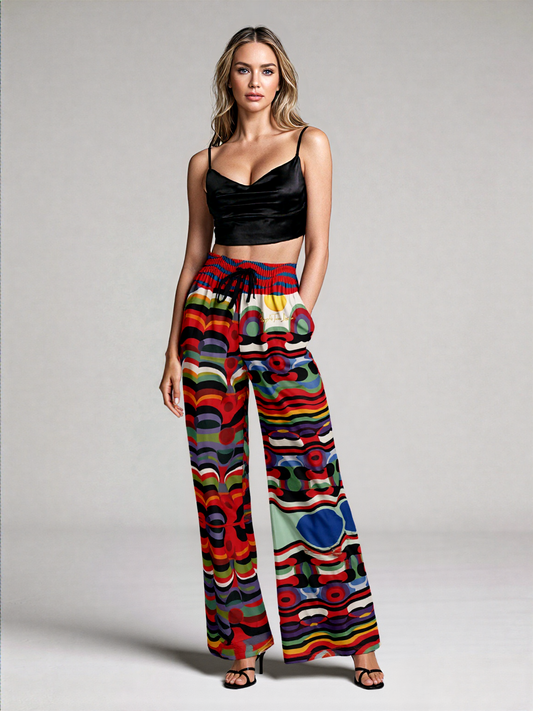 Sunset in Cassis Abstract Rainbow Stripe Eco-Poly Wide Leg Pants