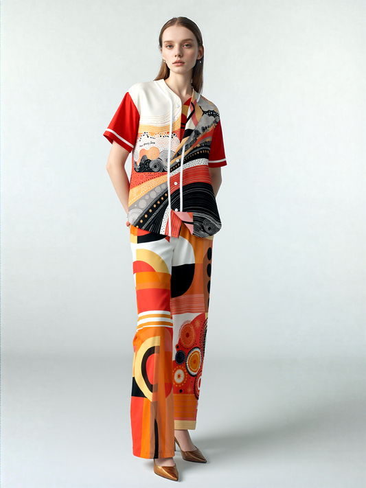 Sunset Springs Abstract 70s Print Eco-Poly Wide Leg Pants