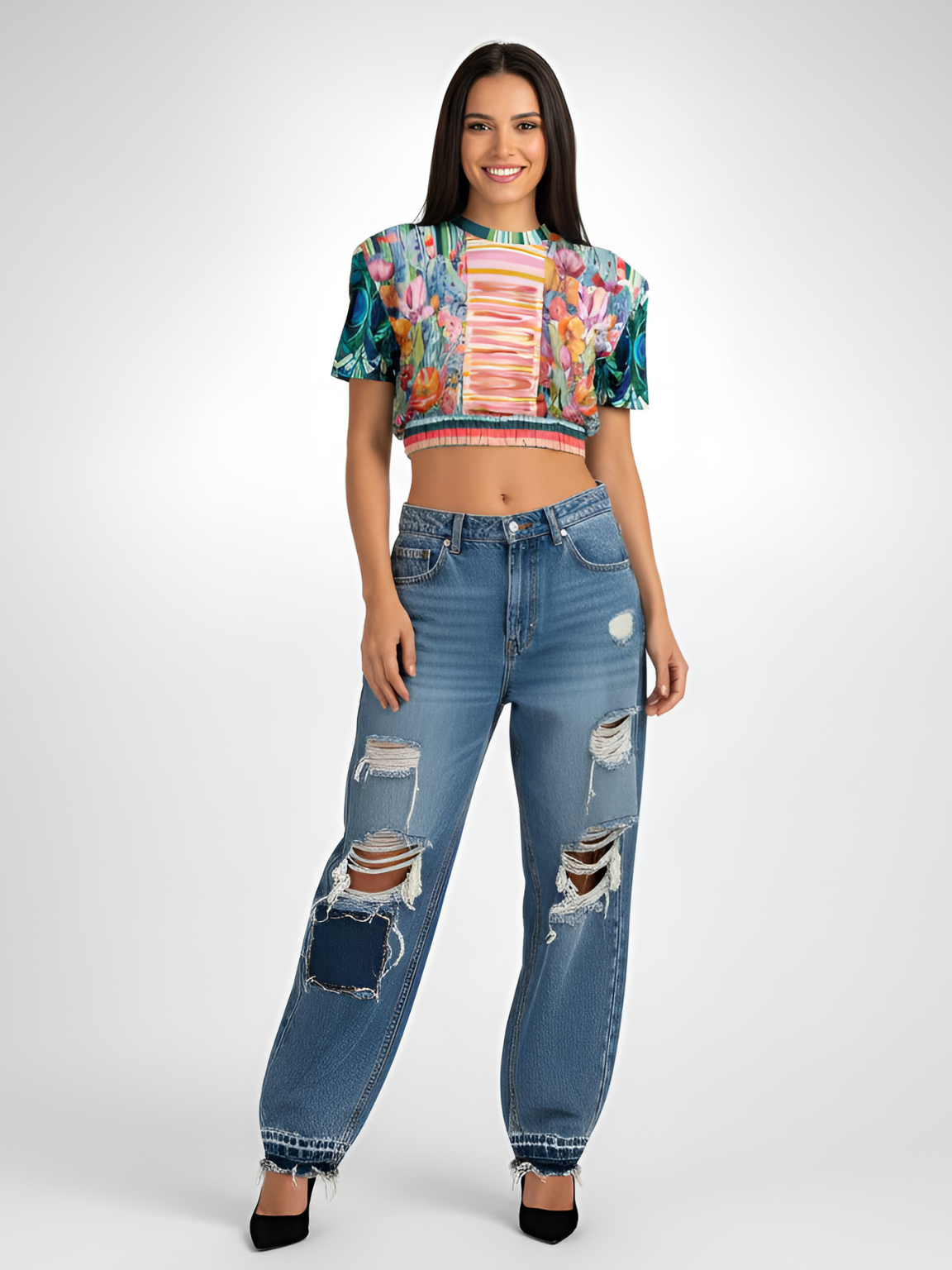 Swan in Floral Isolation Stripe Eco-Poly Short Sleeve Cropped Pullover