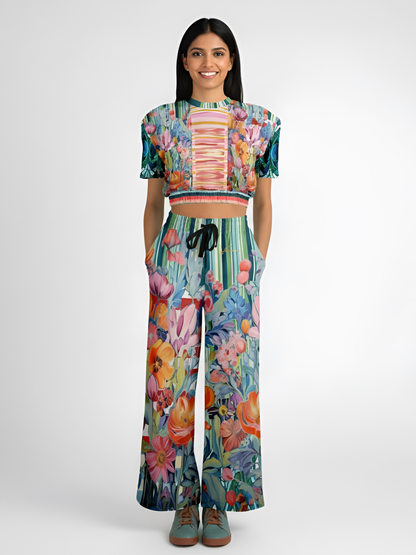 Swan in Floral Isolation Stripe Eco-Poly Short Sleeve Cropped Pullover