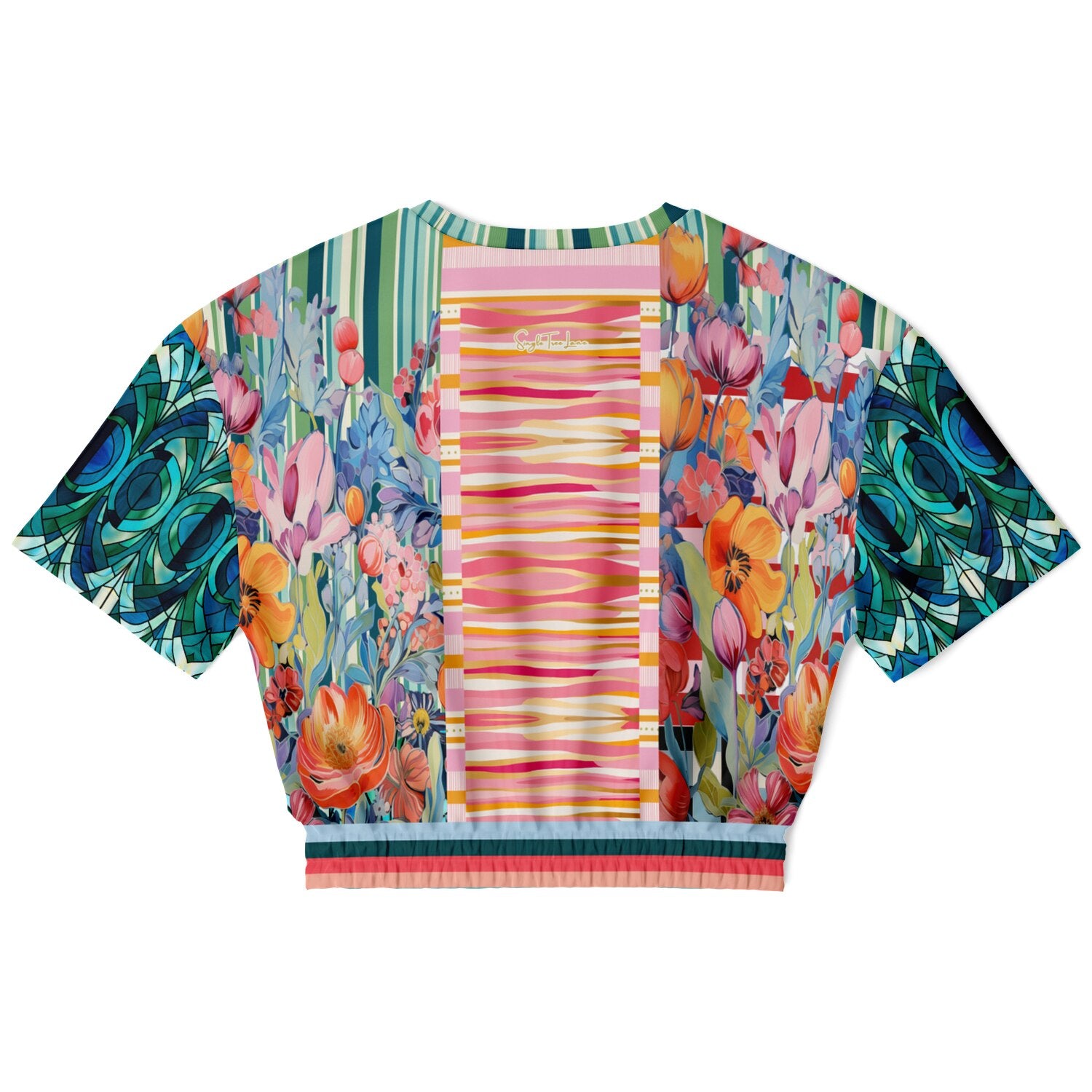Swan in Floral Isolation Stripe Eco-Poly Short Sleeve Cropped Pullover
