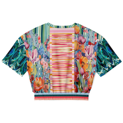 Swan in Floral Isolation Stripe Eco-Poly Short Sleeve Cropped Pullover