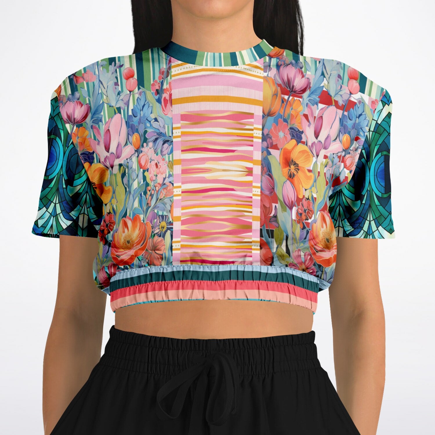 Swan in Floral Isolation Stripe Eco-Poly Short Sleeve Cropped Pullover