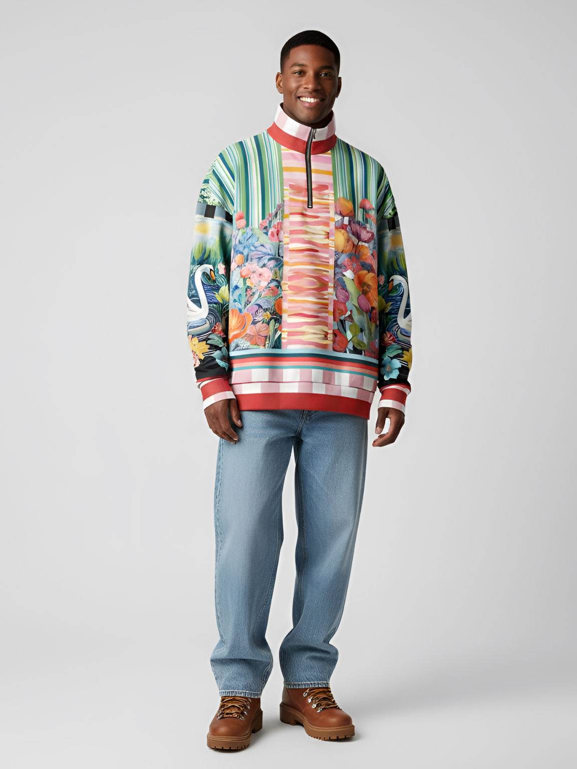 Swan in Floral Isolation Striped Heavyweight Oversized Quarter Zip Sweatshirt