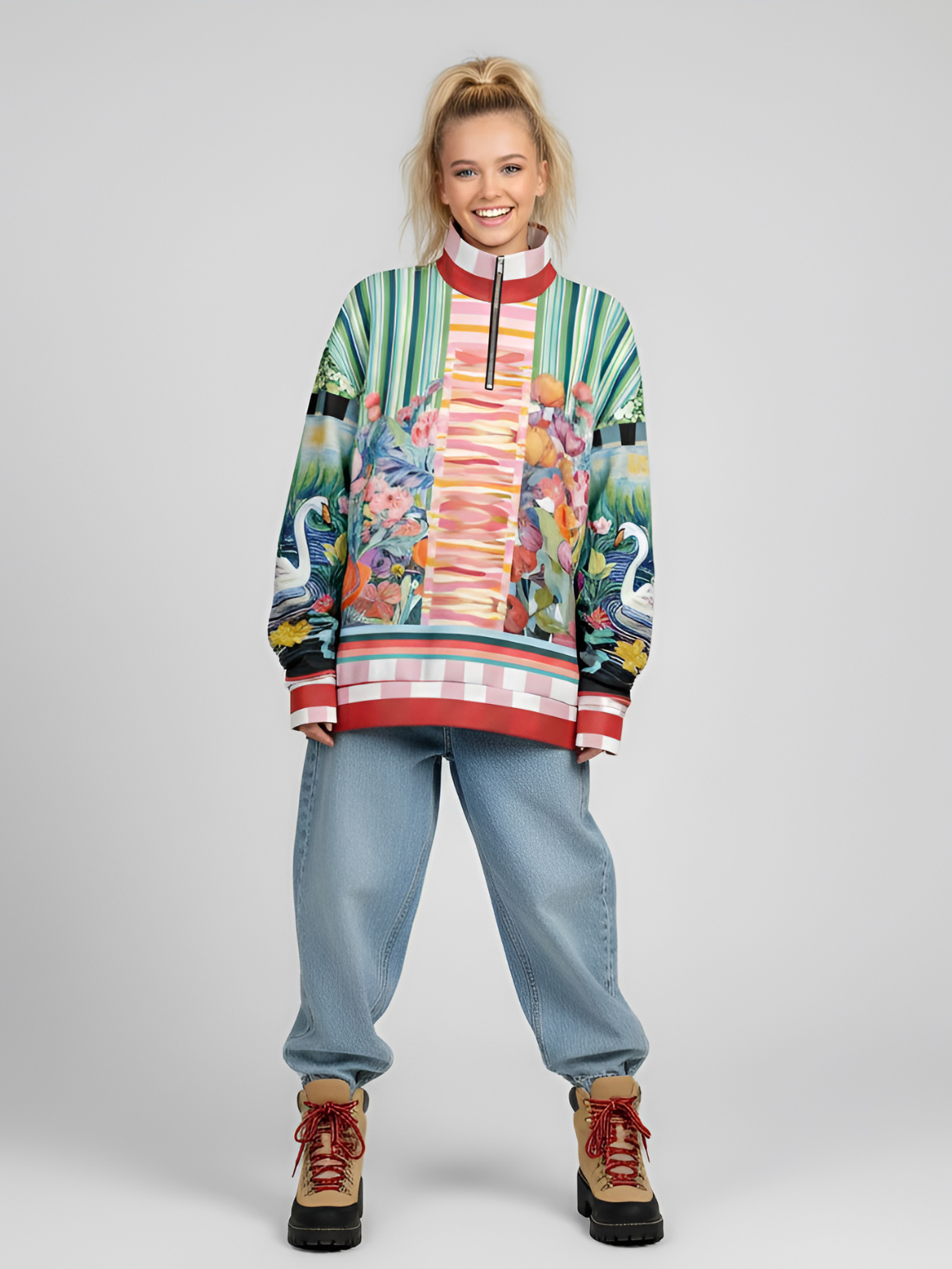 Swan in Floral Isolation Striped Heavyweight Oversized Quarter Zip Sweatshirt