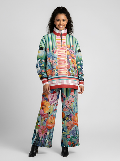 Swan in Floral Isolation Striped Heavyweight Oversized Quarter Zip Sweatshirt