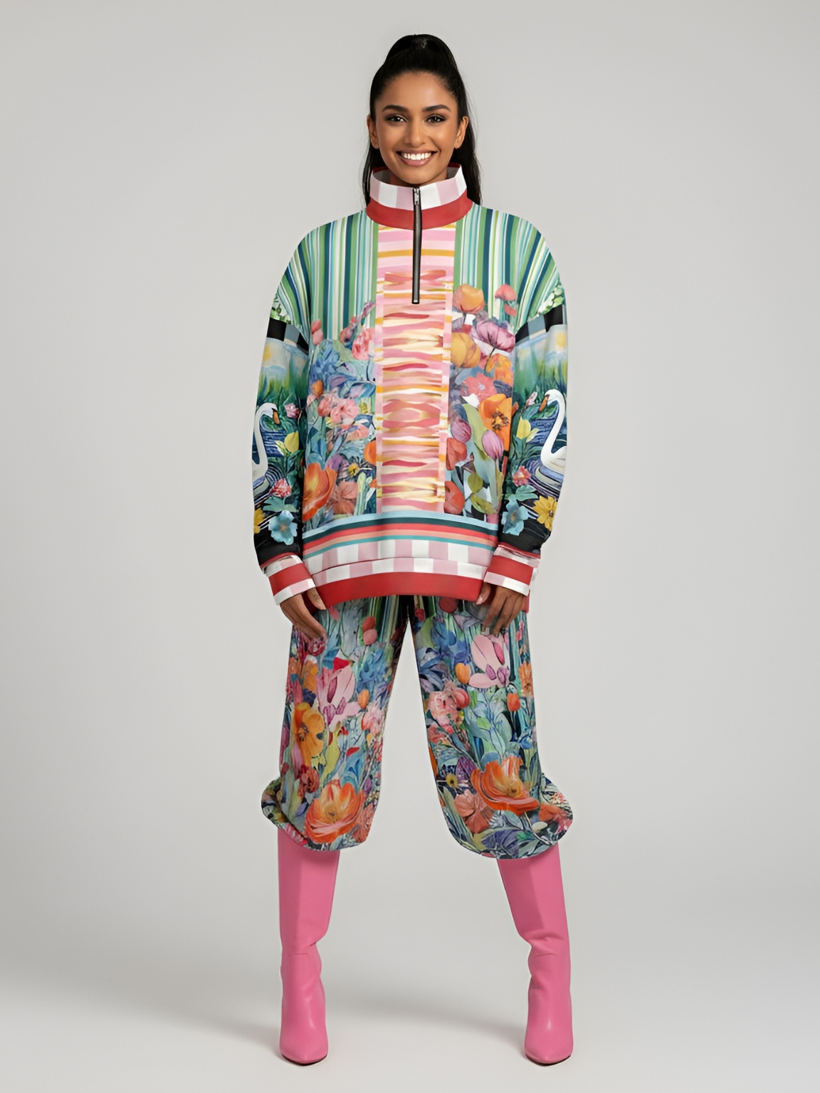 Swan in Floral Isolation Striped Heavyweight Oversized Quarter Zip Sweatshirt