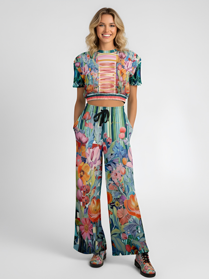 Swan in Floral Isolation Stripe Eco-Poly Short Sleeve Cropped Pullover