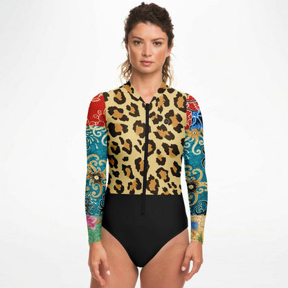 Sweet Clementine Leopard Batik Patchwork Long Sleeve Bodysuit
