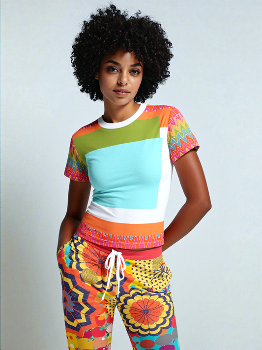 Tangerine Me Up Square Geometric Print Colorful AOP Women's Tee