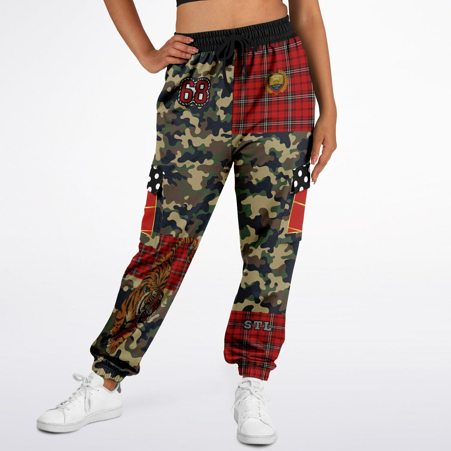 Tartan is the New Camo in Duo Plaid Tiger Print Eco-Poly Cargo Joggers
