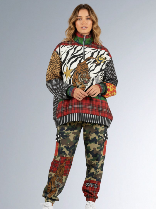 Tartan is the New Camo in Duo Plaid Tiger Print Heavyweight Oversized Quarter Zip Sweatshirt