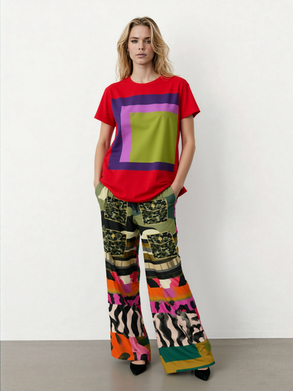 Faces of Medusa Patchwork Print Eco-Poly Wide Leg Pants