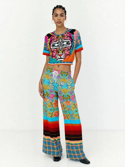 Tiger in Colorful Carnivale Eco-Poly Short Sleeve Cropped Pullover