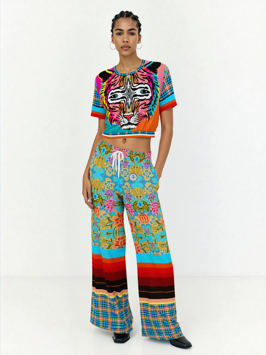Tiger in Colorful Carnivale Eco-Poly Short Sleeve Cropped Pullover