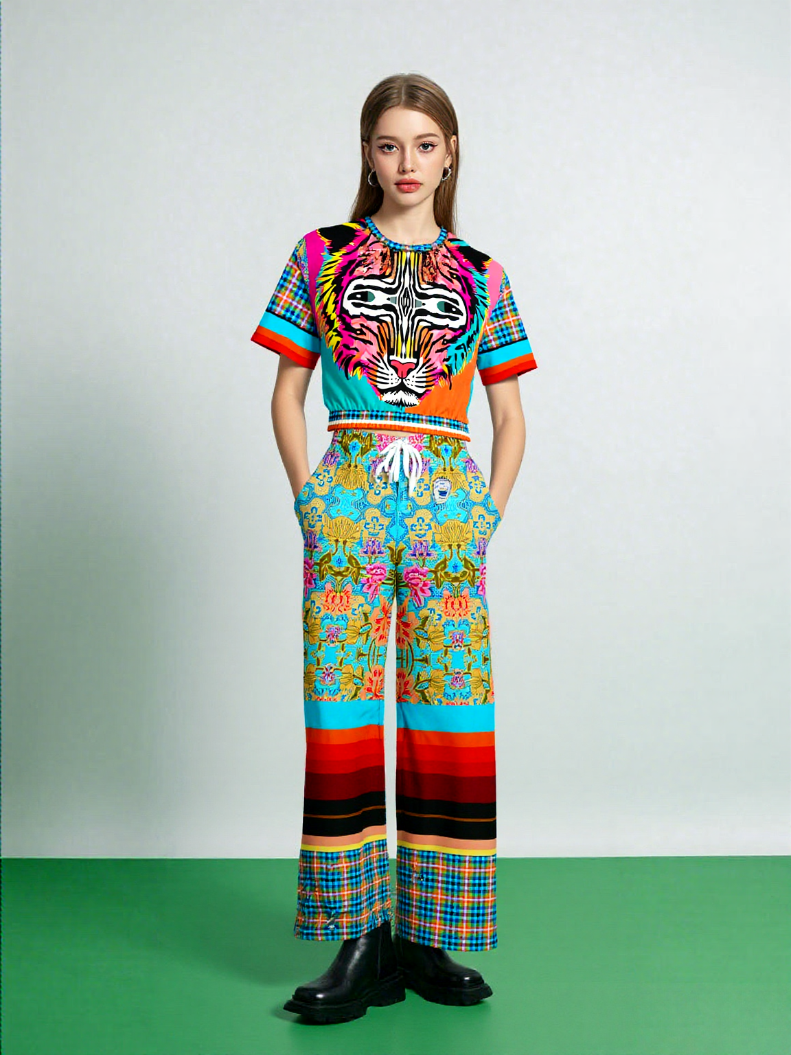 Tiger in Colorful Carnivale Eco-Poly Short Sleeve Cropped Pullover