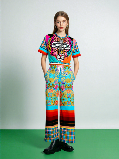 Tiger in Colorful Carnivale Eco-Poly Short Sleeve Cropped Pullover
