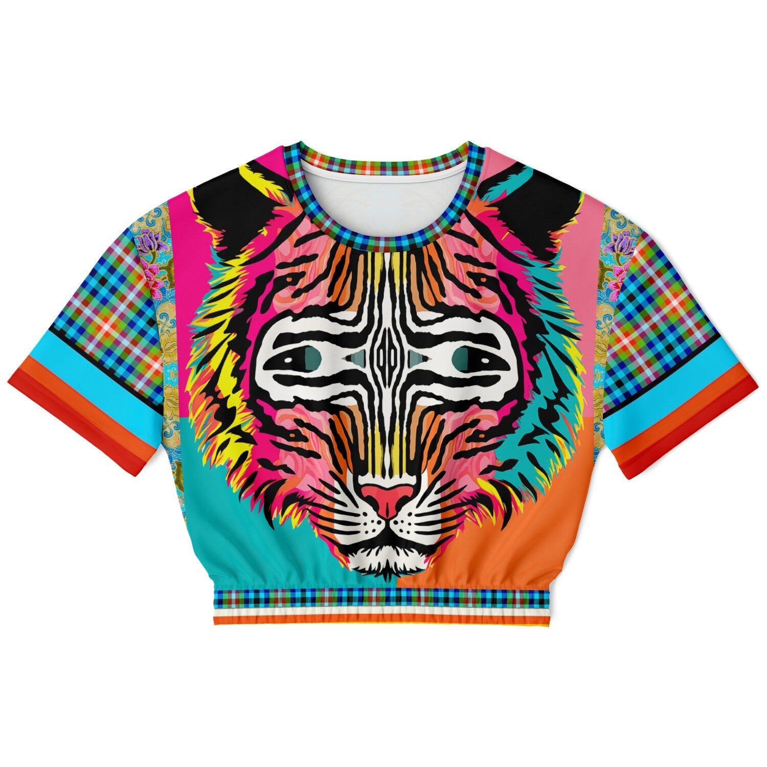 Tiger in Colorful Carnivale Short Sleeve Cropped Eco-Poly Sweater