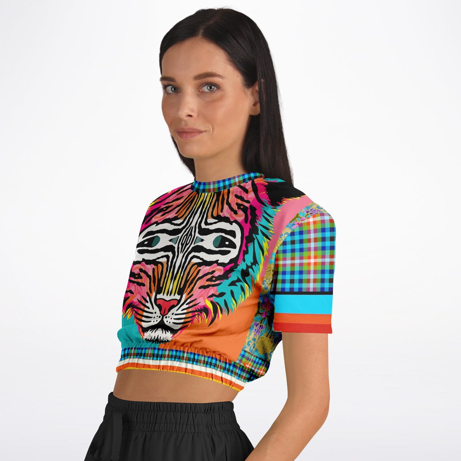 Tiger in Colorful Carnivale Short Sleeve Cropped Eco-Poly Sweater