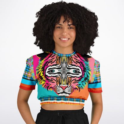 Tiger in Colorful Carnivale Short Sleeve Cropped Eco-Poly Sweater