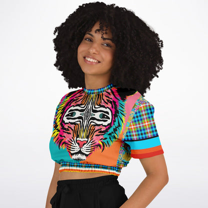 Tiger in Colorful Carnivale Short Sleeve Cropped Eco-Poly Sweater