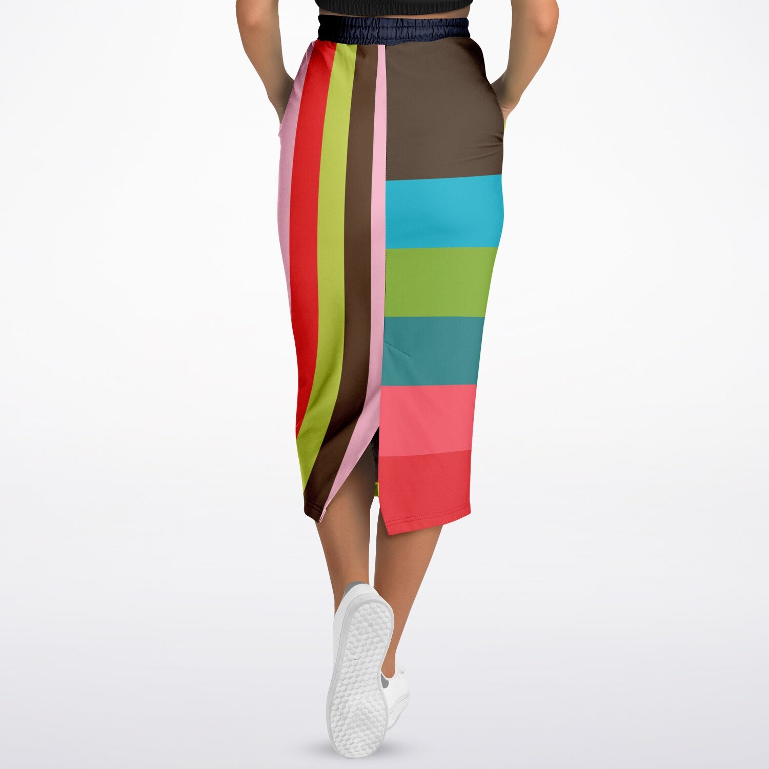 Watermelon Crush Rugby Stripe Eco-Poly Long Pocket Skirt