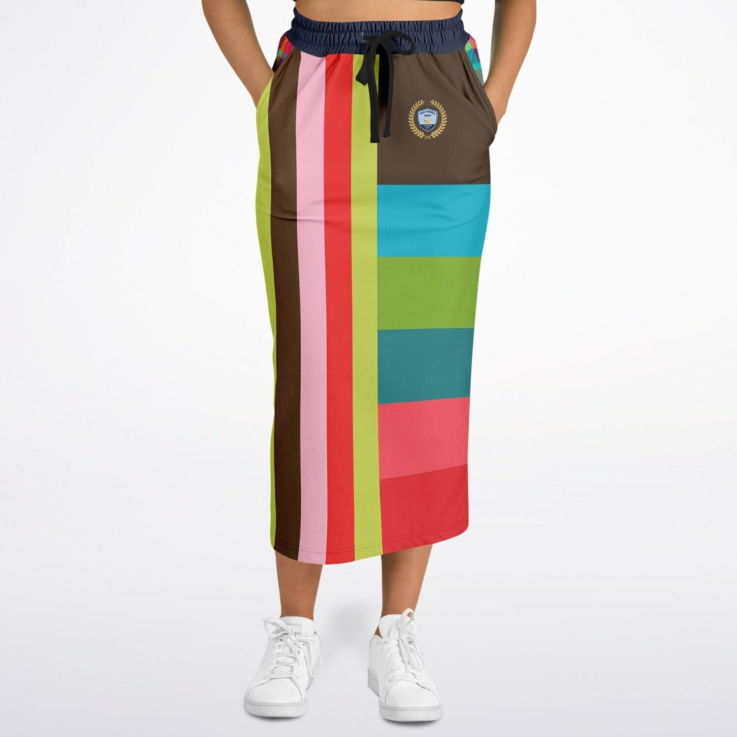 Watermelon Crush Rugby Stripe Eco-Poly Long Pocket Skirt