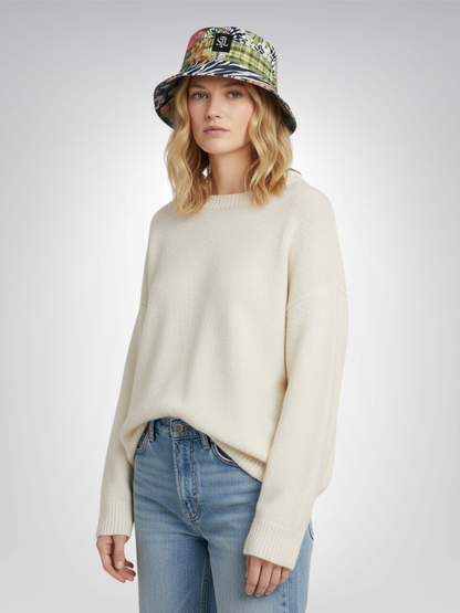 Wiosna Denim Floral Striped Patchwork Reversible Bucket Hat