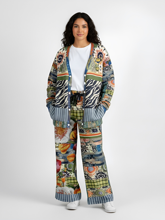 Wiosna Denim Floral Striped Patchwork Eco-Poly Wide Leg Pants