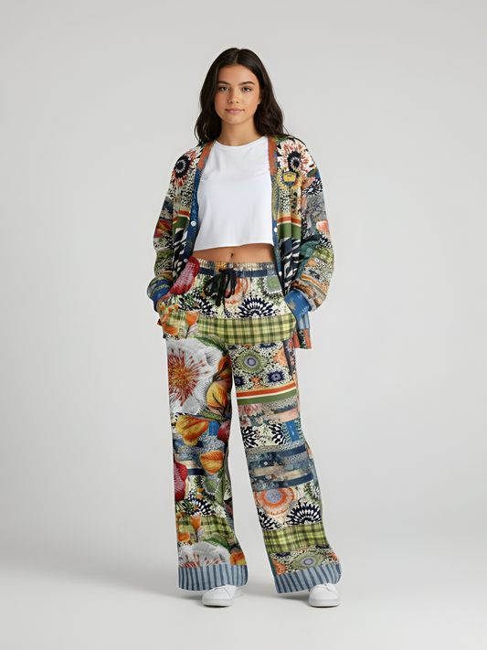 Wiosna Denim Floral Striped Patchwork Eco-Poly Wide Leg Pants